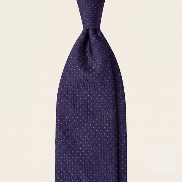 CRAVATTA BLU SCURO 3 PIEGHE SARTORIALE IN SETA - Pois fucsia