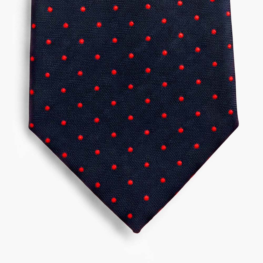 CRAVATTA BLU SCURO 3 PIEGHE SARTORIALE IN SETA - Pois rossi - Lorenzi Como luxury silk tie
