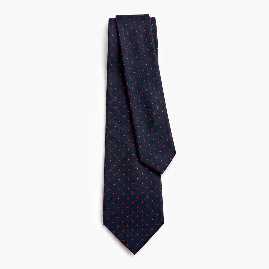 CRAVATTA BLU SCURO 3 PIEGHE SARTORIALE IN SETA - Pois rossi - Lorenzi Como luxury silk tie