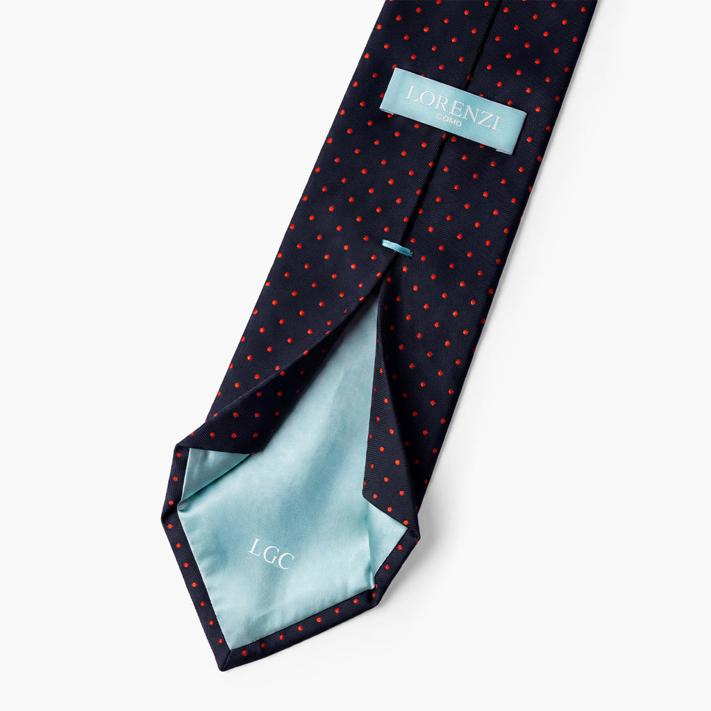 CRAVATTA BLU SCURO 7 PIEGHE SARTORIALE IN SETA - Pois rossi - Lorenzi Como luxury silk tie