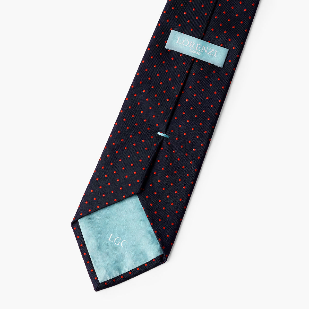 CRAVATTA BLU SCURO 3 PIEGHE SARTORIALE IN SETA - Pois rossi - Lorenzi Como luxury silk tie