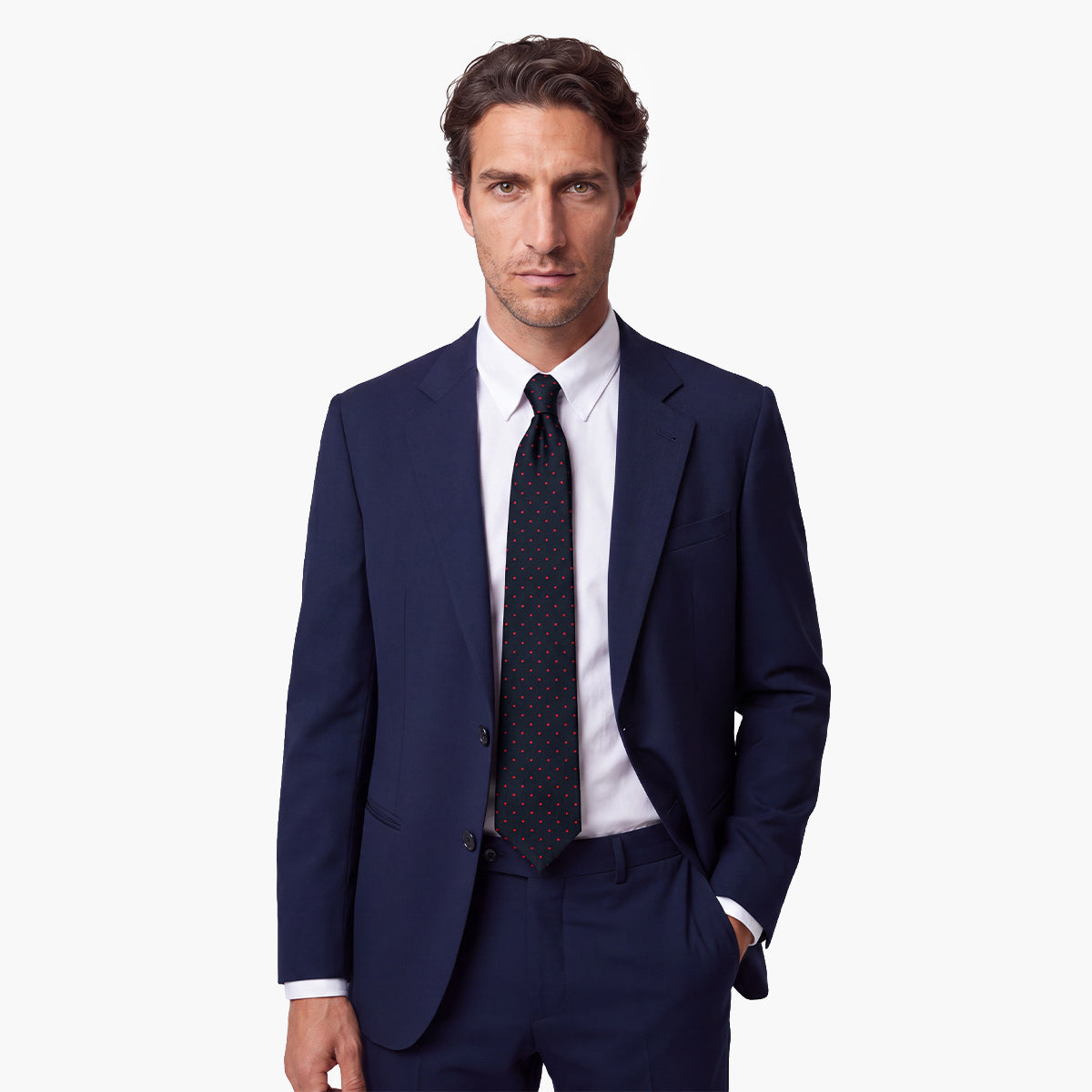 CRAVATTA BLU SCURO 3 PIEGHE SARTORIALE IN SETA - Pois rossi - Lorenzi Como luxury silk tie