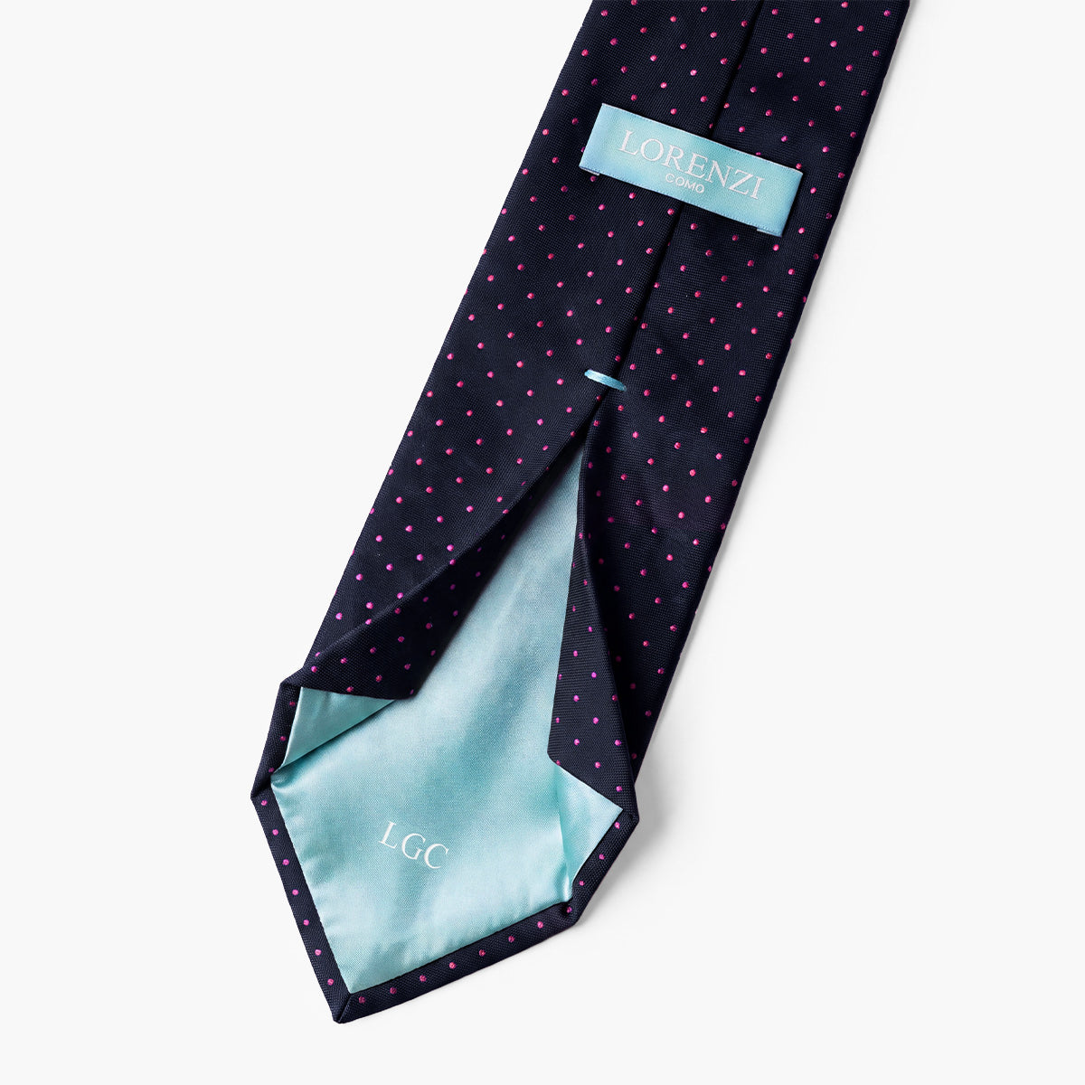CRAVATTA BLU SCURO 7 PIEGHE SARTORIALE IN SETA - Pois fucsia - Lorenzi Como luxury silk tie