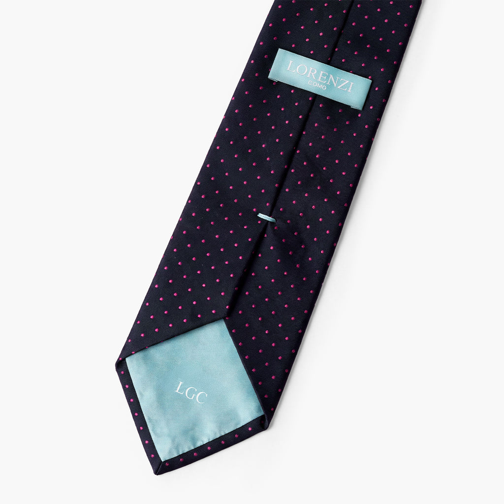 CRAVATTA BLU SCURO 3 PIEGHE SARTORIALE IN SETA - Pois fucsia - Lorenzi Como luxury silk tie