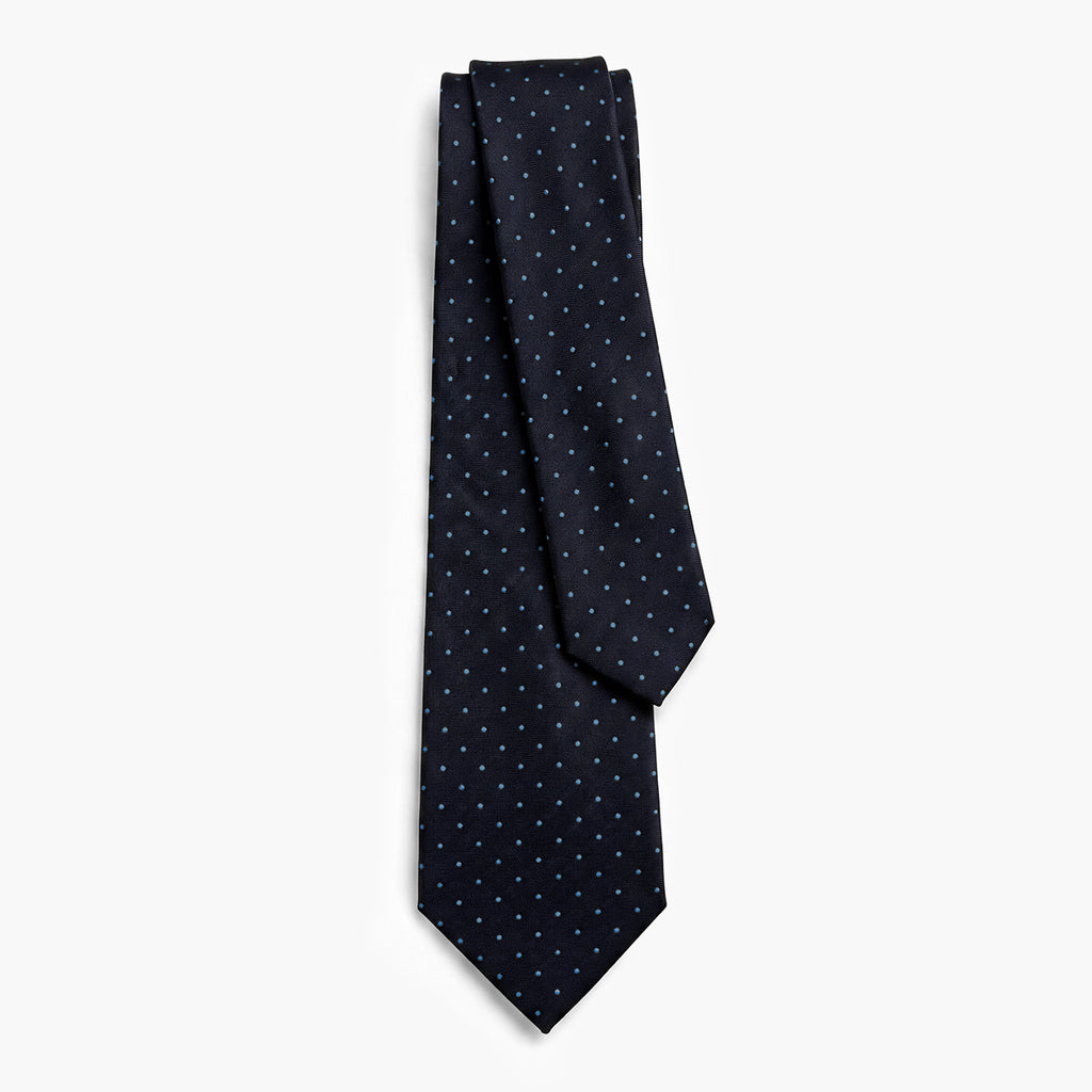 CRAVATTA BLU SCURO 3 PIEGHE SARTORIALE IN SETA - Pois azzurri - Lorenzi Como luxury silk tie