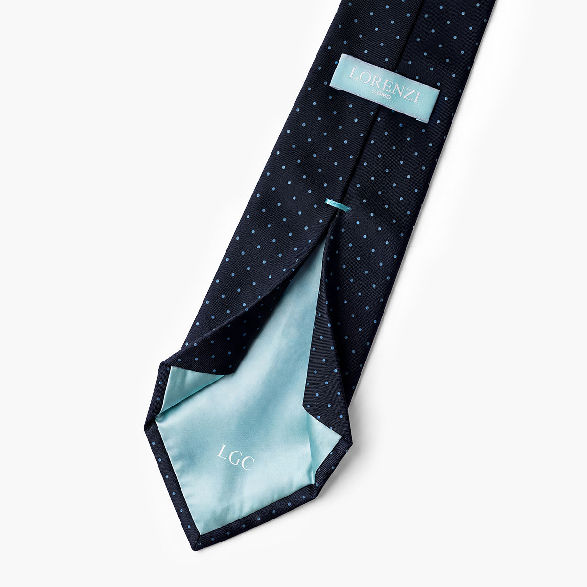 CRAVATTA BLU SCURO 7 PIEGHE SARTORIALE IN SETA - Pois azzurri - Lorenzi Como luxury silk tie