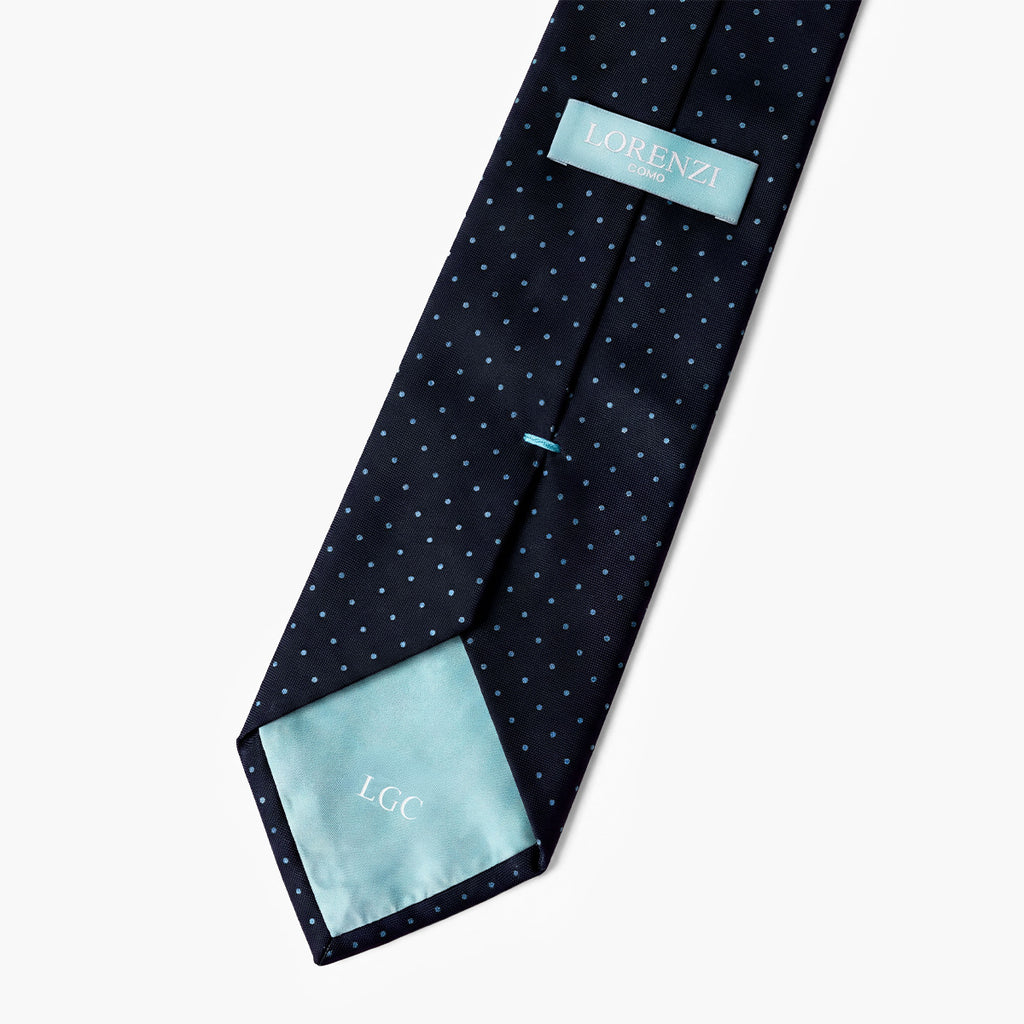 CRAVATTA BLU SCURO 3 PIEGHE SARTORIALE IN SETA - Pois azzurri - Lorenzi Como luxury silk tie