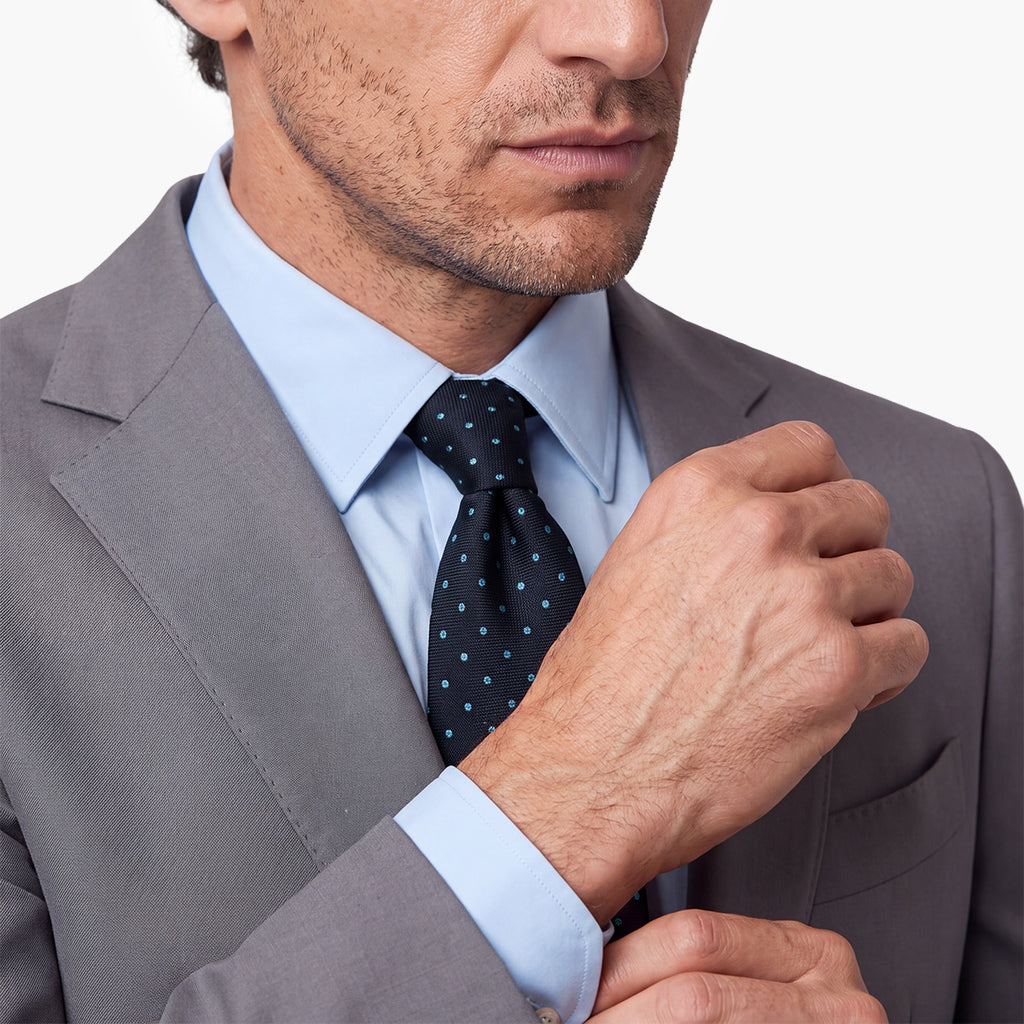 CRAVATTA BLU SCURO 3 PIEGHE SARTORIALE IN SETA - Pois azzurri - Lorenzi Como luxury silk tie