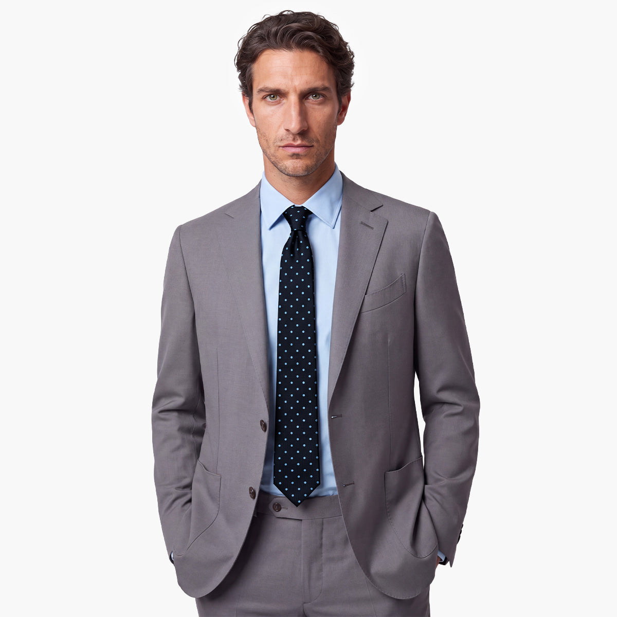 CRAVATTA BLU SCURO 3 PIEGHE SARTORIALE IN SETA - Pois azzurri - Lorenzi Como luxury silk tie