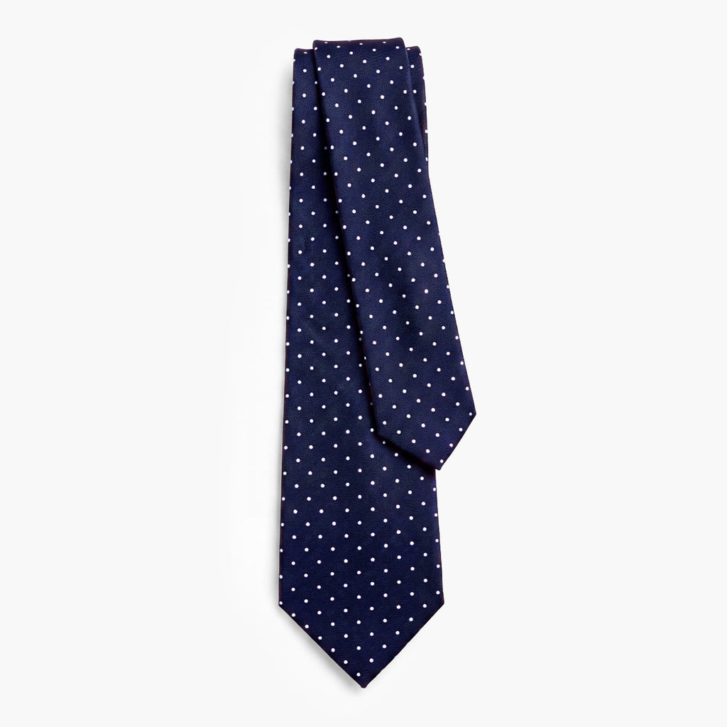 Navy Sartorial Silk Tie, 3-Fold - White polka dot