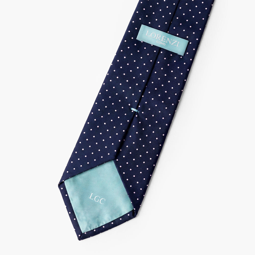Navy Sartorial Silk Tie, 3-Fold - White polka dot