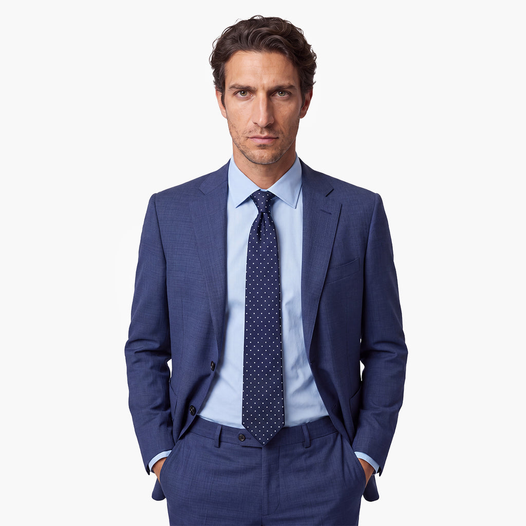 Navy Sartorial Silk Tie, 3-Fold - White polka dot