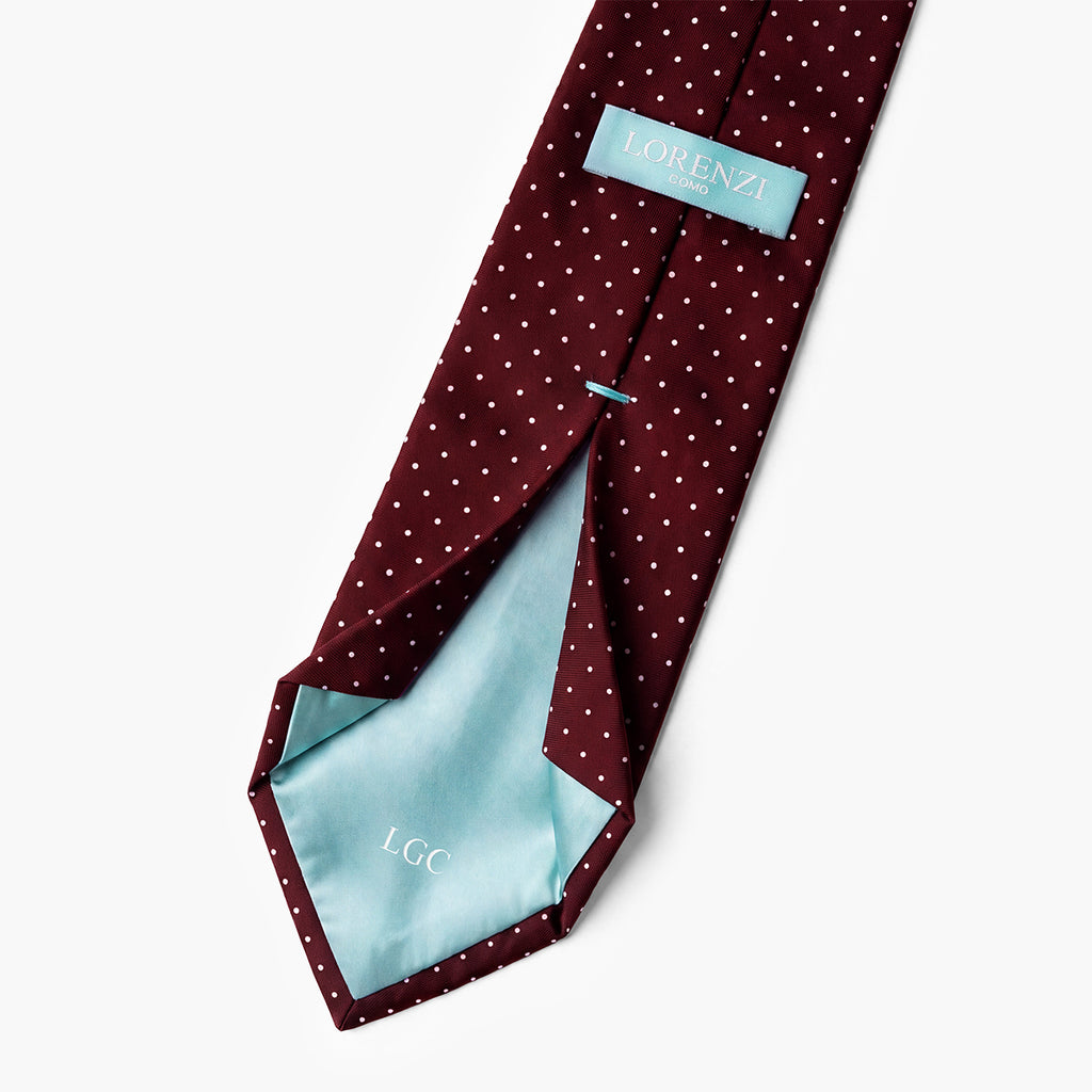 CRAVATTA BORDEAUX 7 PIEGHE SARTORIALE IN SETA - Pois bianchi - Lorenzi Como luxury silk tie