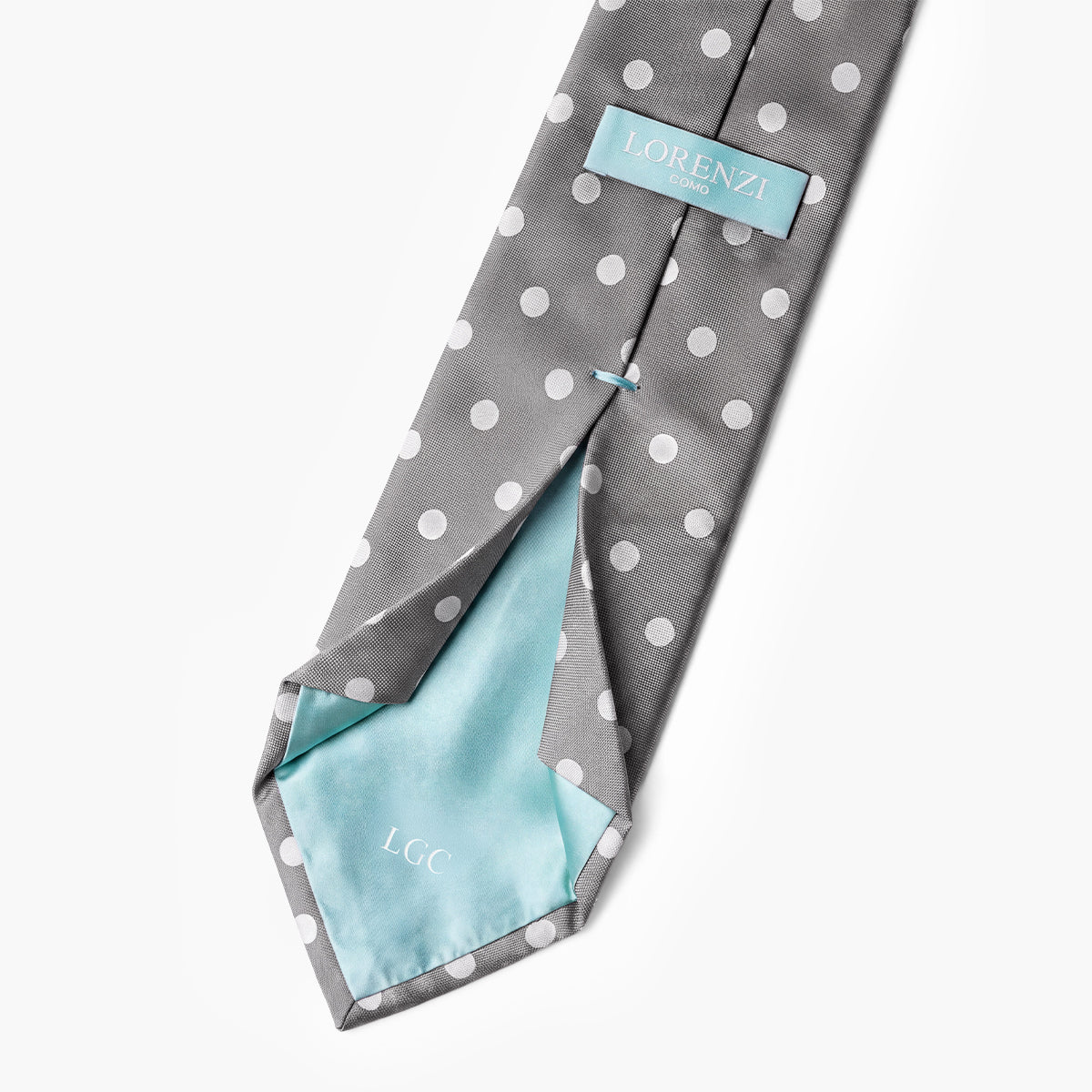 CRAVATTA ARGENTO 7 PIEGHE IN SETA JACQUARD - Pois bianchi - Lorenzi Como luxury silk tie