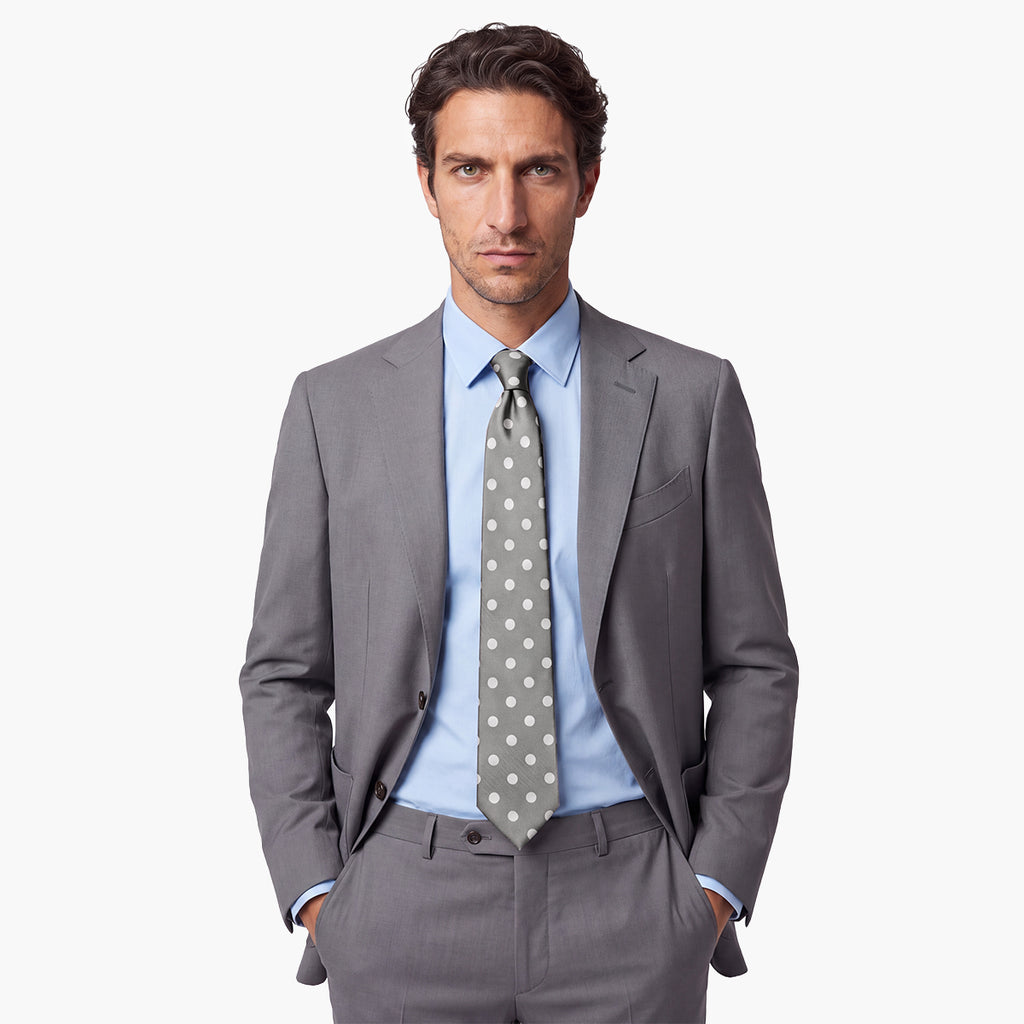 CRAVATTA ARGENTO 3 PIEGHE IN SETA JACQUARD - Pois bianchi - Lorenzi Como luxury silk tie