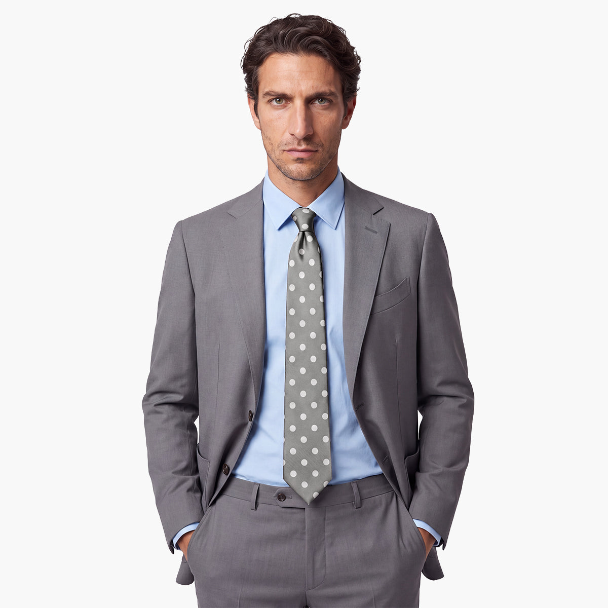CRAVATTA ARGENTO 3 PIEGHE IN SETA JACQUARD - Pois bianchi - Lorenzi Como luxury silk tie
