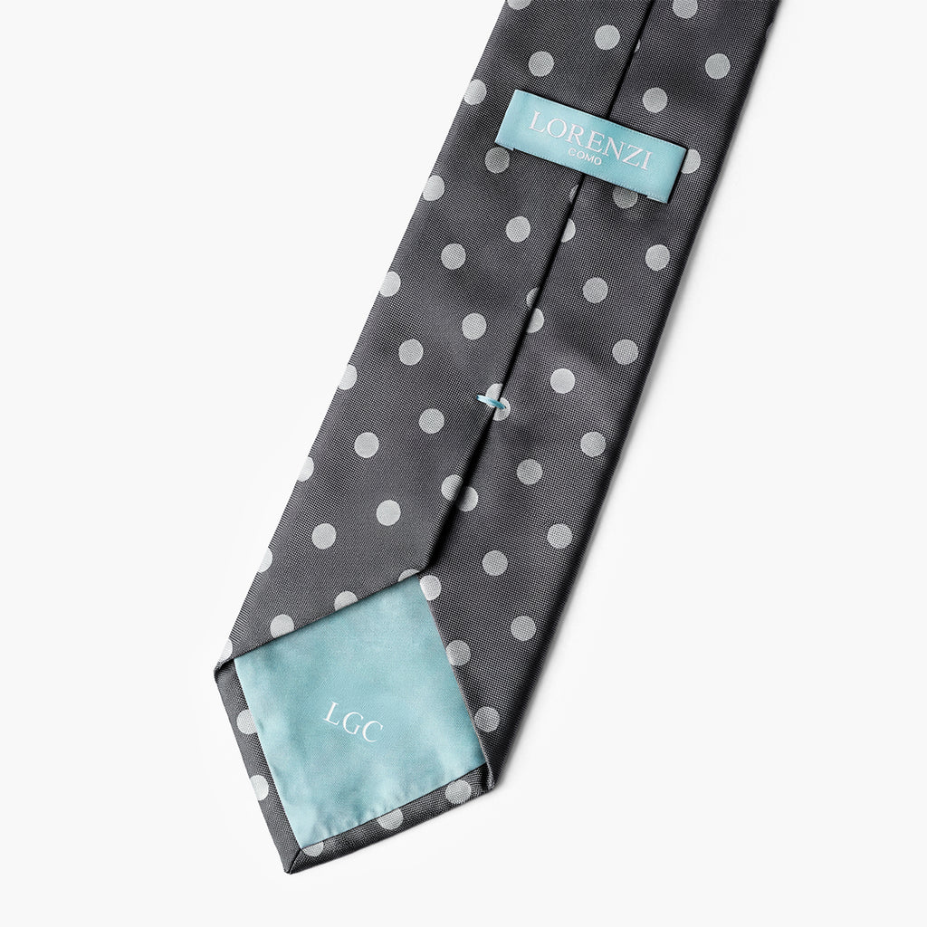 CRAVATTA GRIGIA SCURA 3 PIEGHE IN SETA JACQUARD - Pois bianchi - Lorenzi Como luxury silk tie