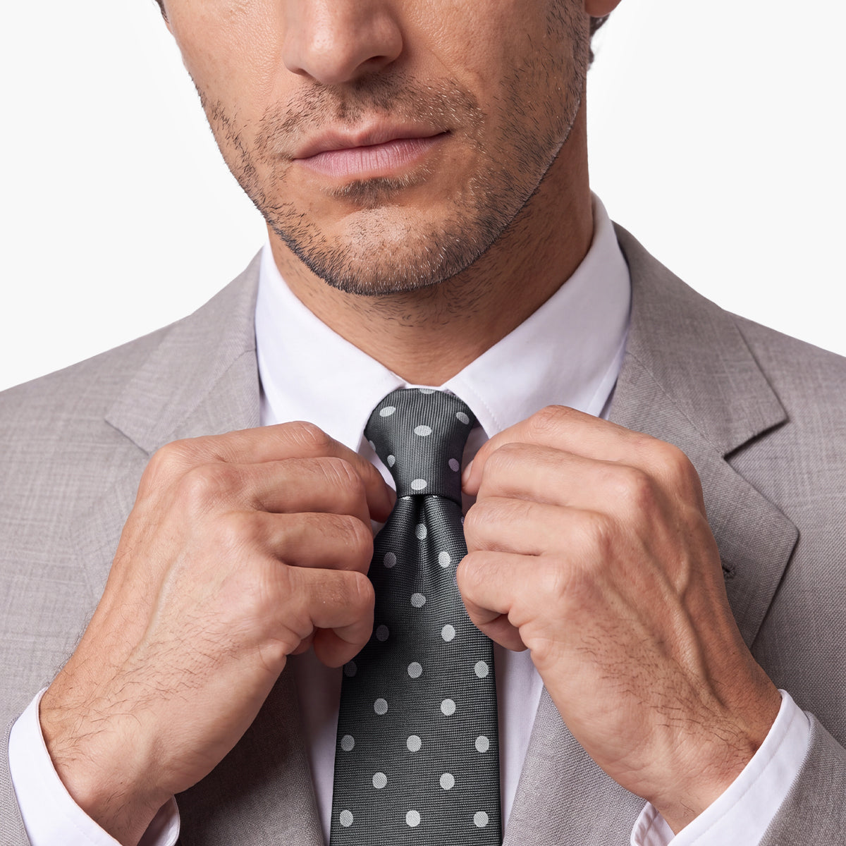 CRAVATTA GRIGIA SCURA 3 PIEGHE IN SETA JACQUARD - Pois bianchi - Lorenzi Como luxury silk tie