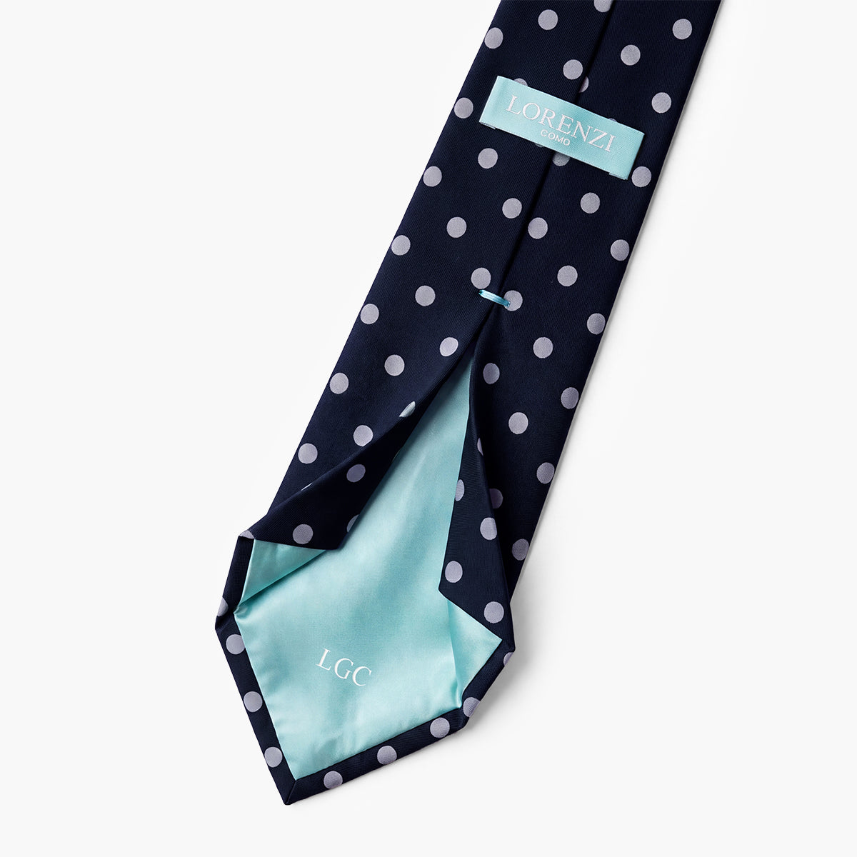 CRAVATTA BLU SCURO 7 PIEGHE IN SETA JACQUARD - Pois bianchi - Lorenzi Como luxury silk tie