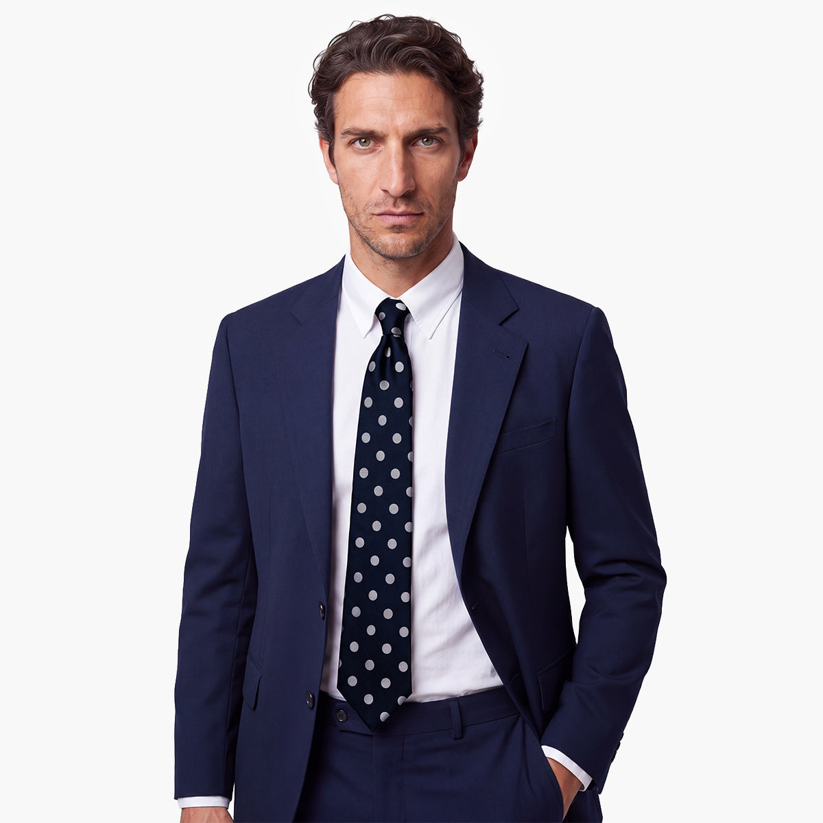 CRAVATTA BLU SCURO 3 PIEGHE IN SETA JACQUARD - Pois bianchi - Lorenzi Como luxury silk tie