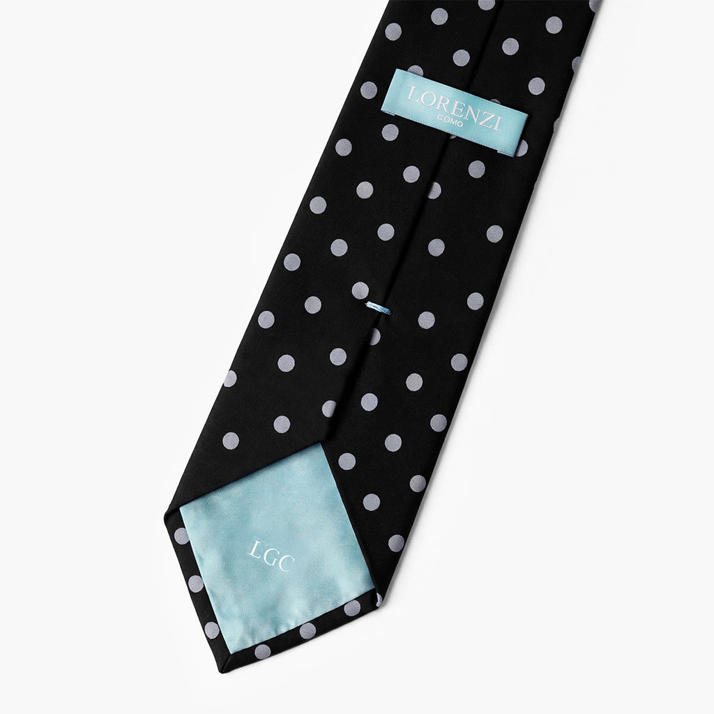 CRAVATTA NERA 3 PIEGHE IN SETA JACQUARD - Pois bianchi - Lorenzi Como luxury silk tie