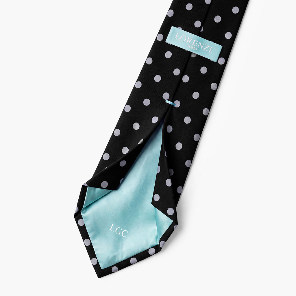 CRAVATTA NERA 7 PIEGHE IN SETA JACQUARD - Pois bianchi - Lorenzi Como luxury silk tie
