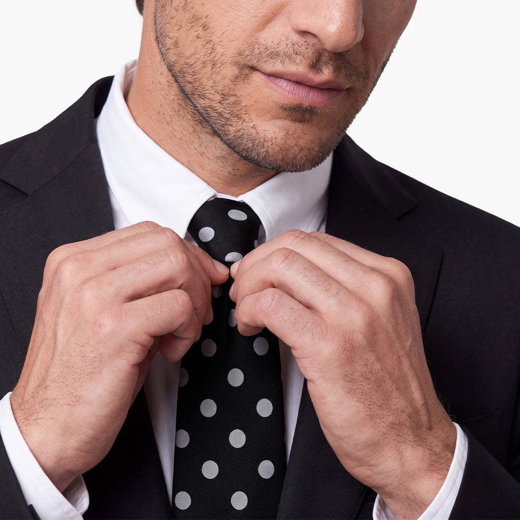 CRAVATTA NERA 3 PIEGHE IN SETA JACQUARD - Pois bianchi - Lorenzi Como luxury silk tie