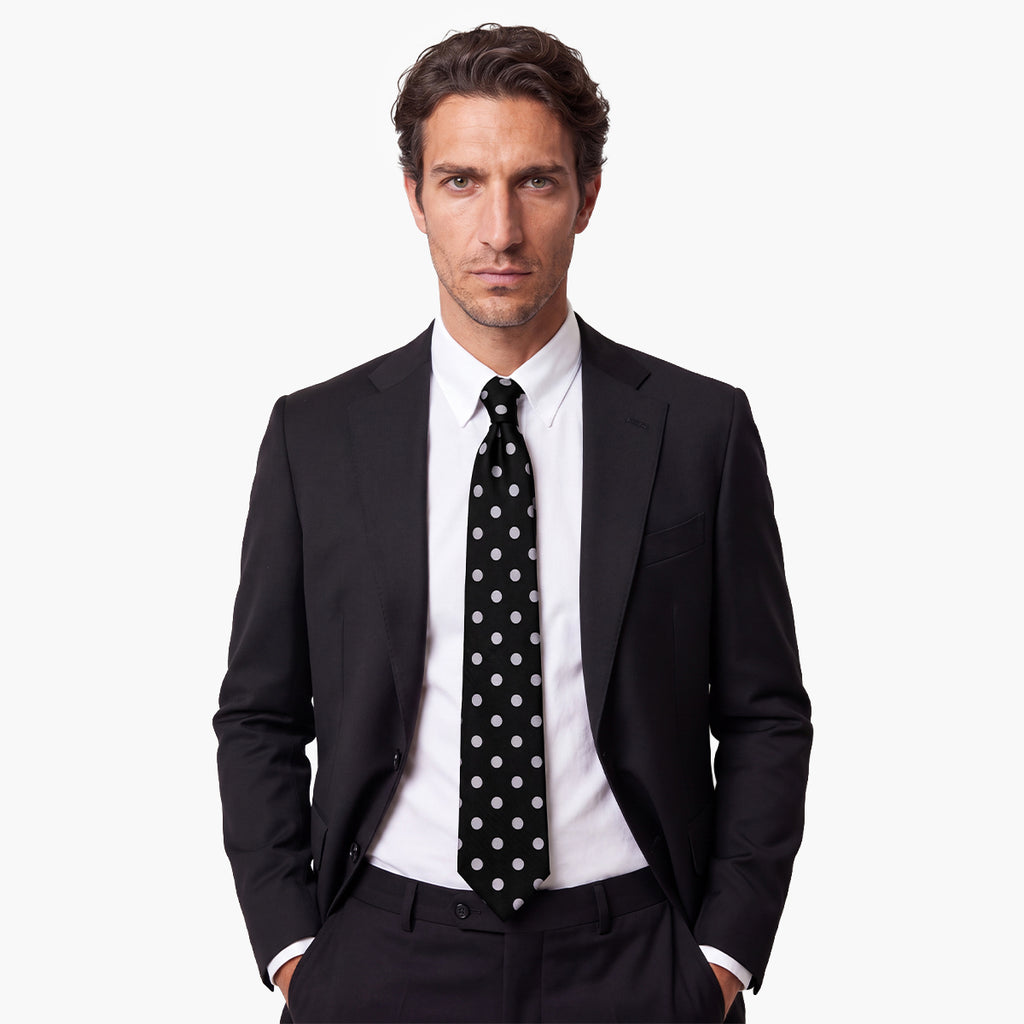 CRAVATTA NERA 3 PIEGHE IN SETA JACQUARD - Pois bianchi - Lorenzi Como luxury silk tie