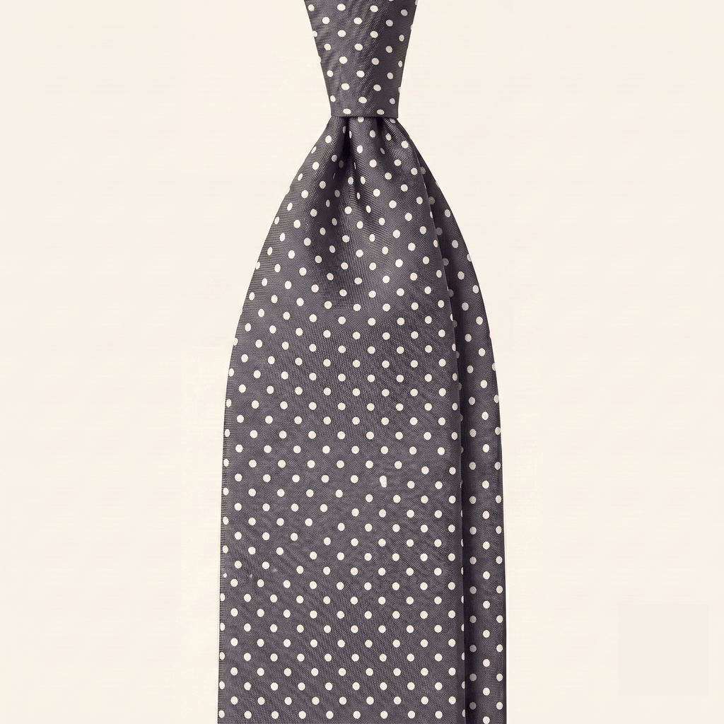 DARK GREY 3 FOLD JACQUARD SILK TIE - White polka dot