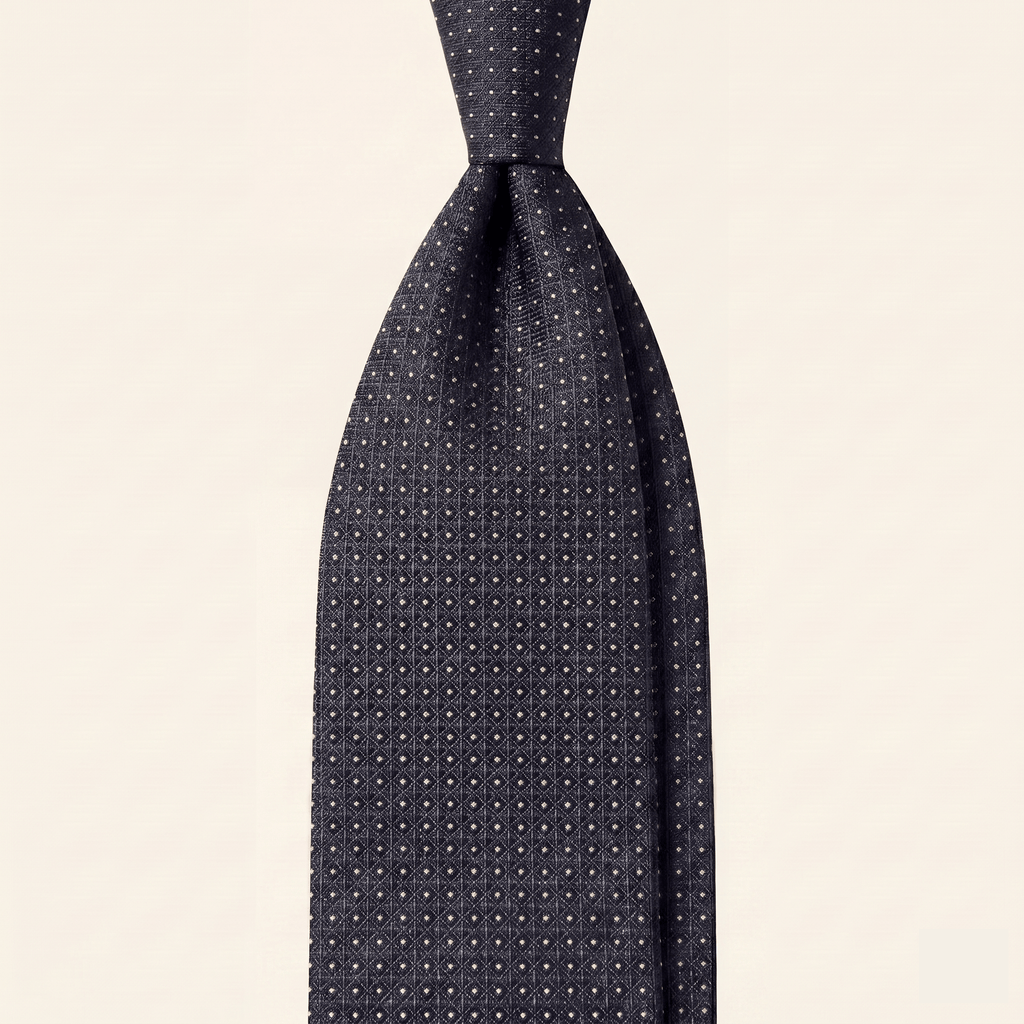 DARK BLUE 5 FOLD JACQUARD SILK TIE - White polka dot