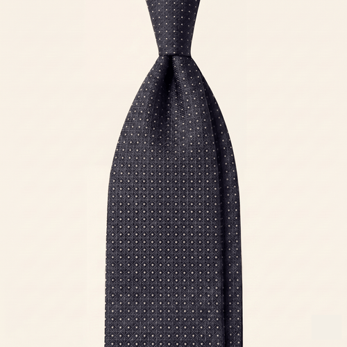 CRAVATTA BLU SCURO 5 PIEGHE IN SETA JACQUARD - Pois bianchi - Lorenzi Como luxury silk tie