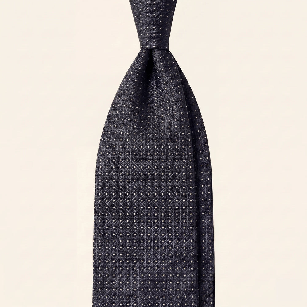 Dark Blue Jacquard Silk Tie, 7-Fold, White Pin Dots, Handmade in Como