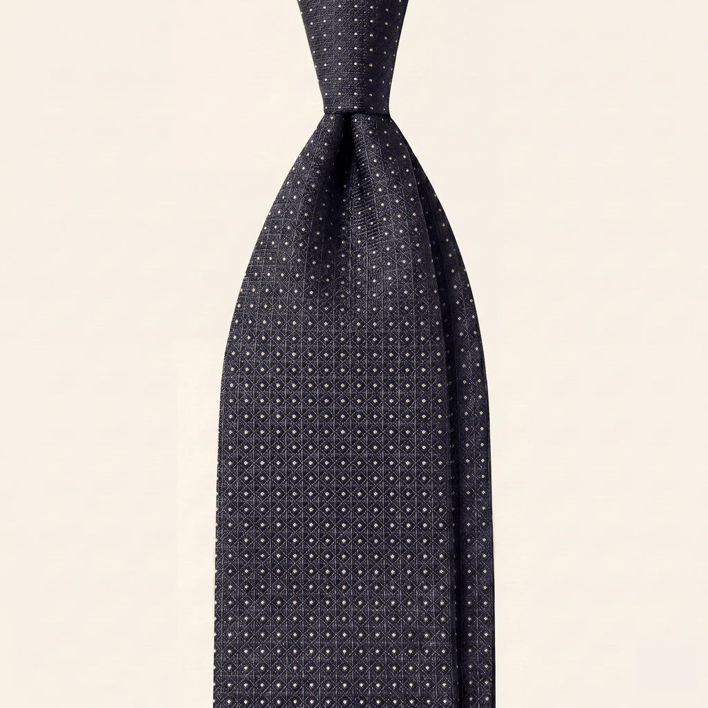 Dark Blue Jacquard Silk Tie, 7-Fold, White Pin Dots, Handmade in Como