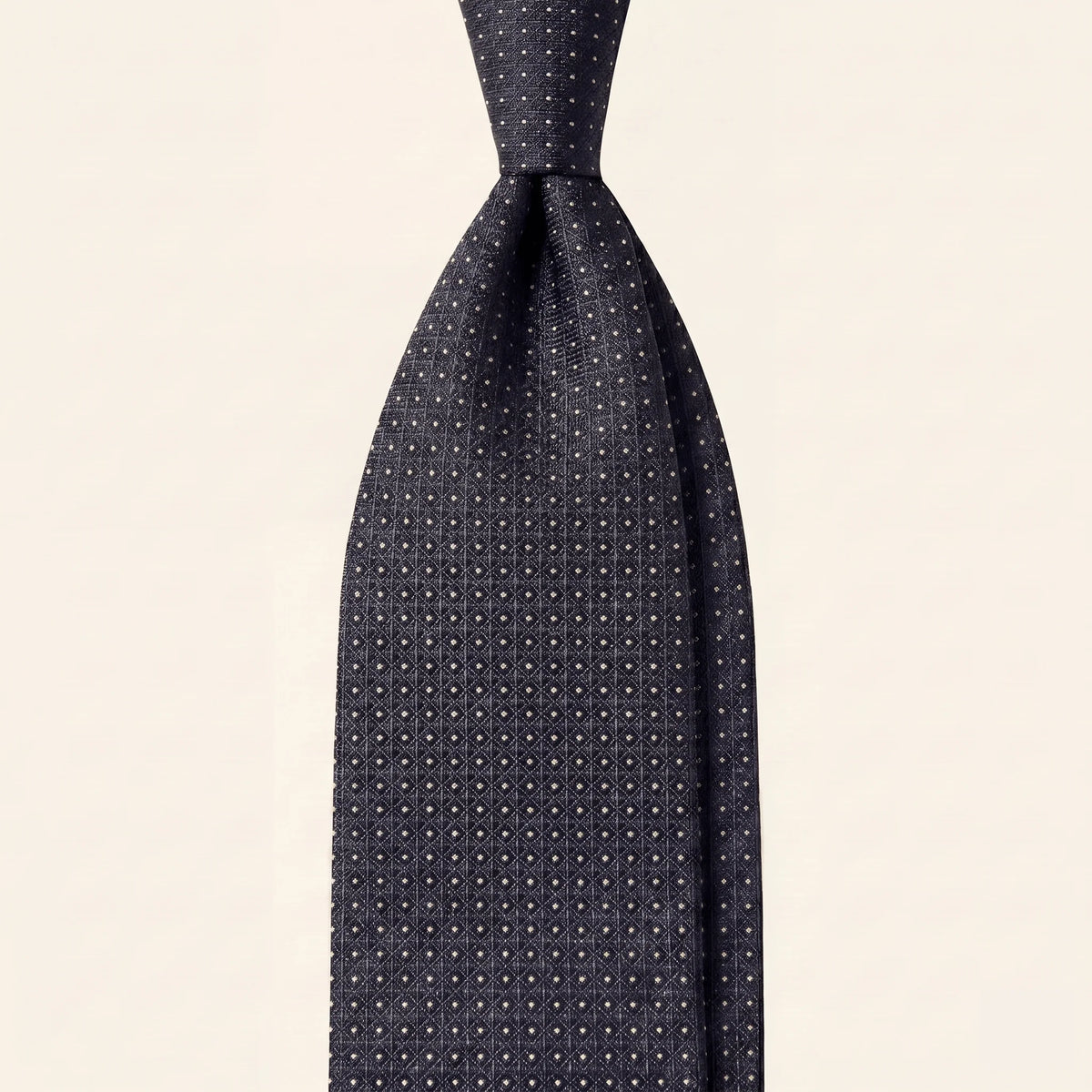 Dark Blue Jacquard Silk Tie, 7-Fold, White Pin Dots, Handmade in Como