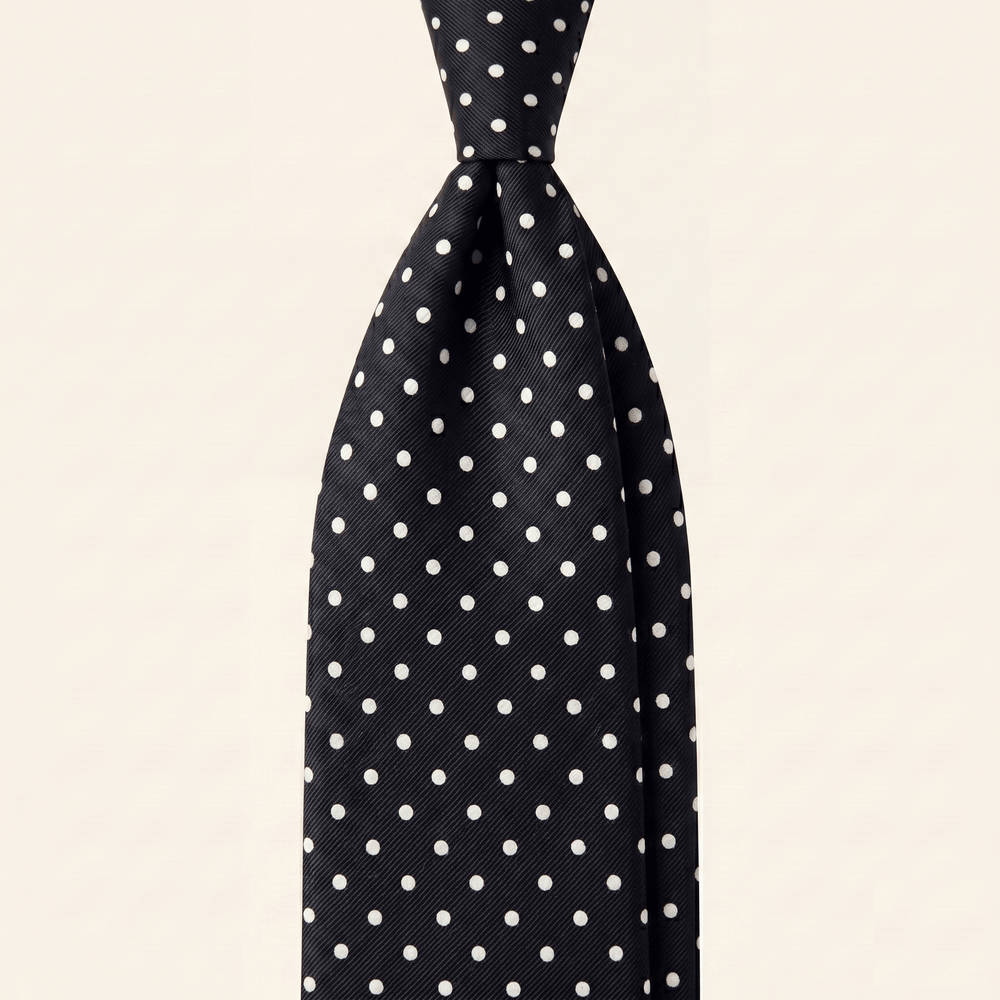 BLACK 3 FOLD JACQUARD SILK TIE - White polka dot