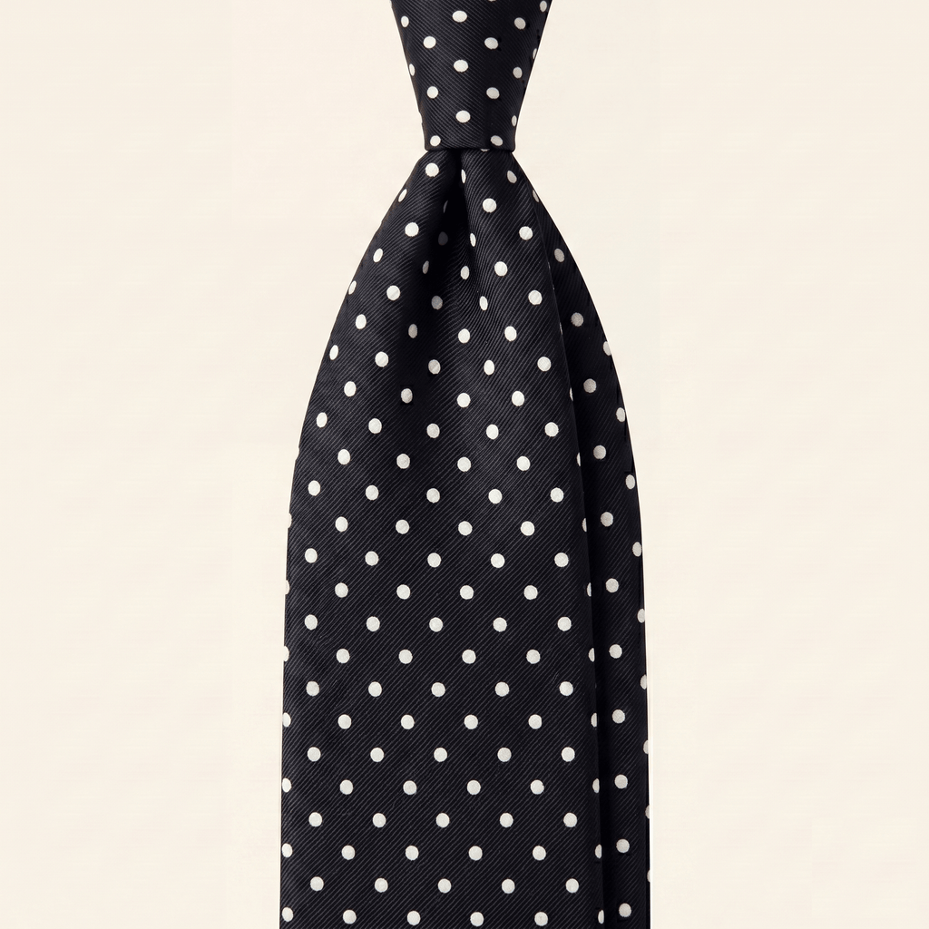 BLACK 3 FOLD JACQUARD SILK TIE - White polka dot