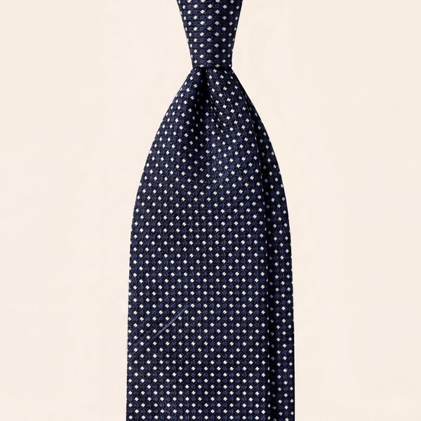 CRAVATTA BLU SCURO 3 PIEGHE IN SETA JACQUARD II - Pois bianchi
