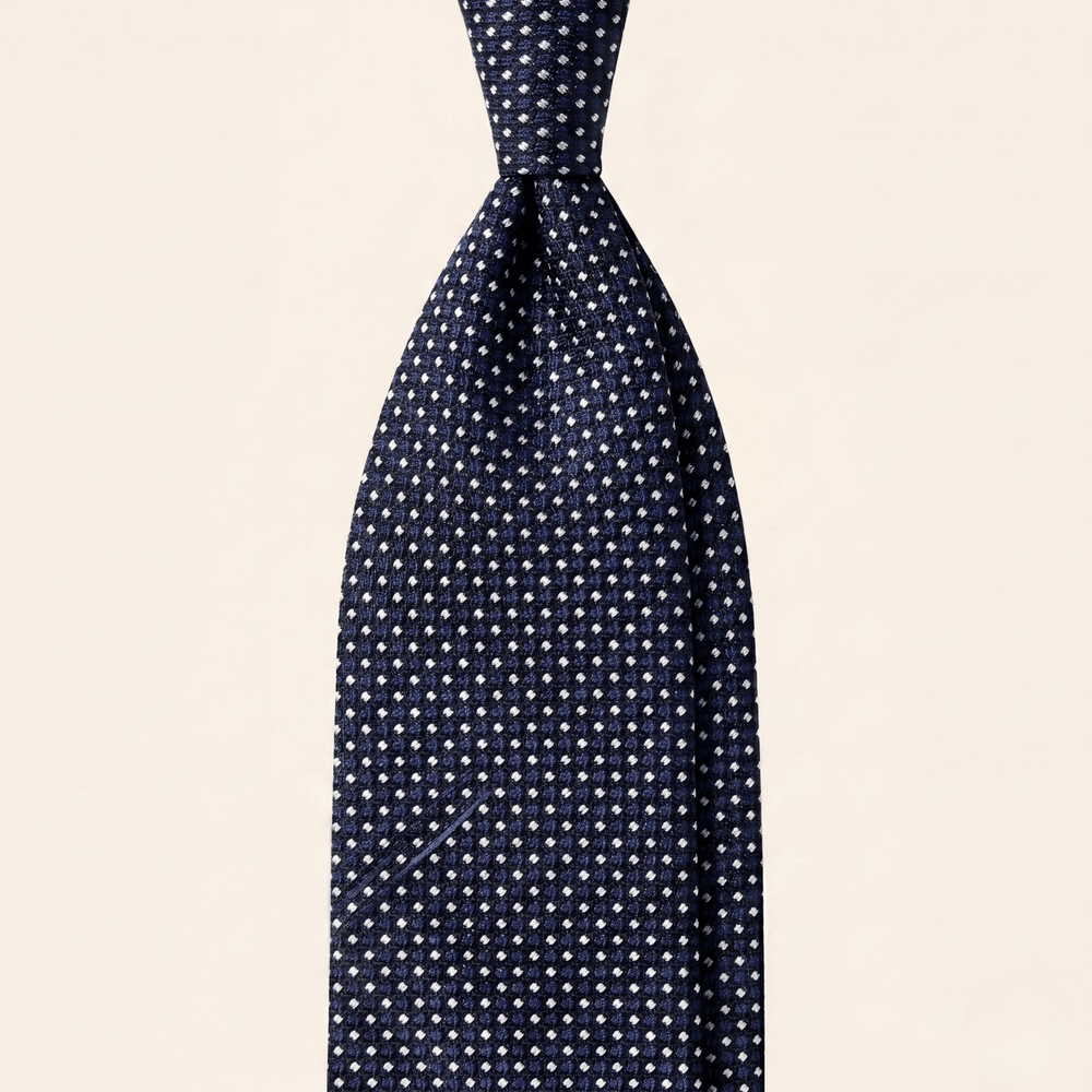 DARK BLUE 3 FOLD JACQUARD SILK TIE II - White polka dot