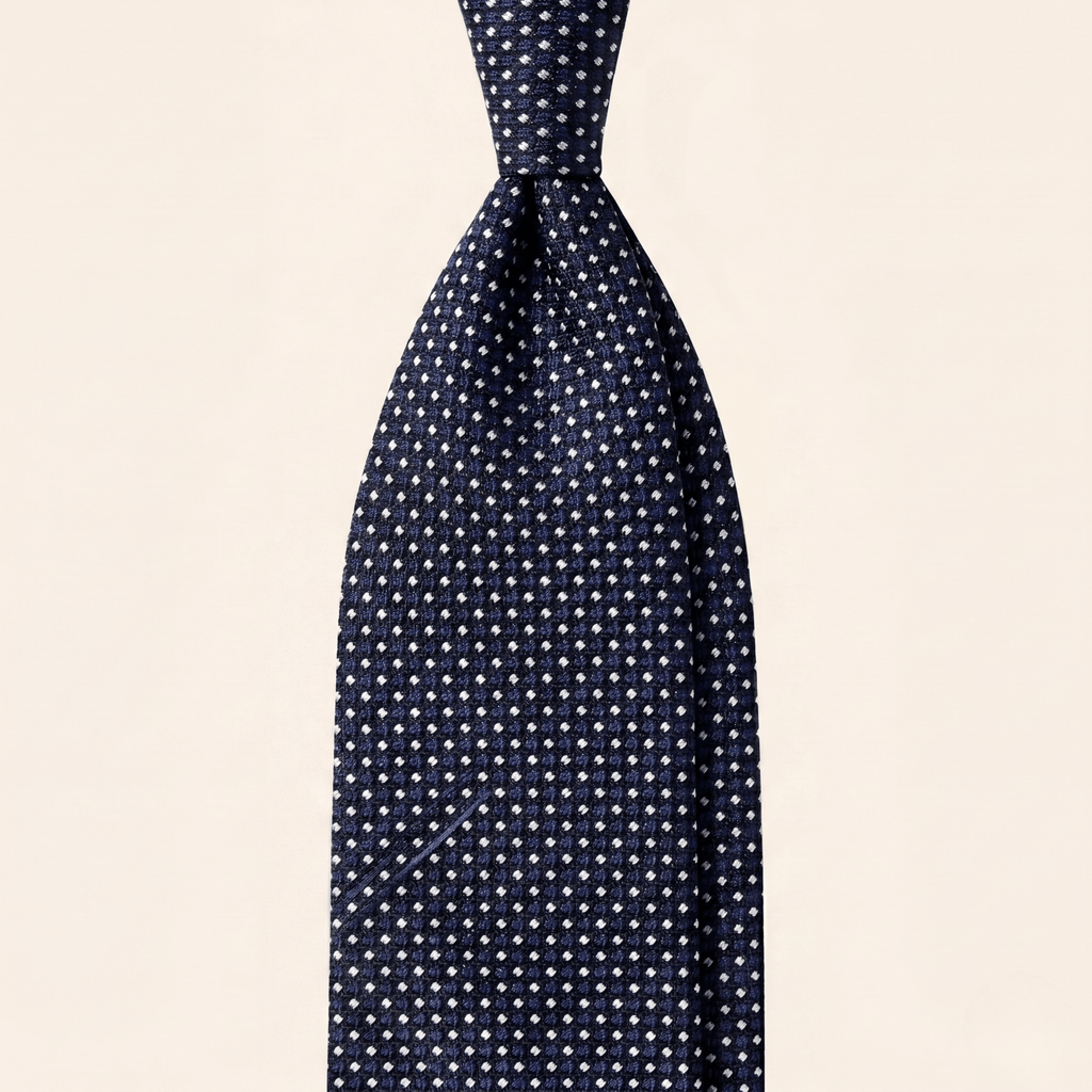 DARK BLUE 3 FOLD JACQUARD SILK TIE II - White polka dot