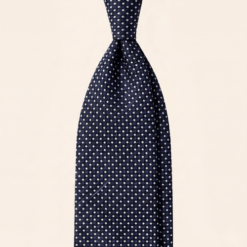 Dark blue jacquard silk tie with white pin dots, 7-fold, handmade in Como by Lorenzi Como
