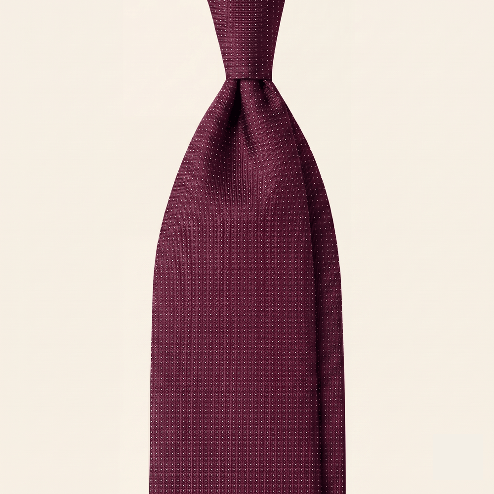 BURGUNDY 3 FOLD JACQUARD SILK TIE - White polka dot