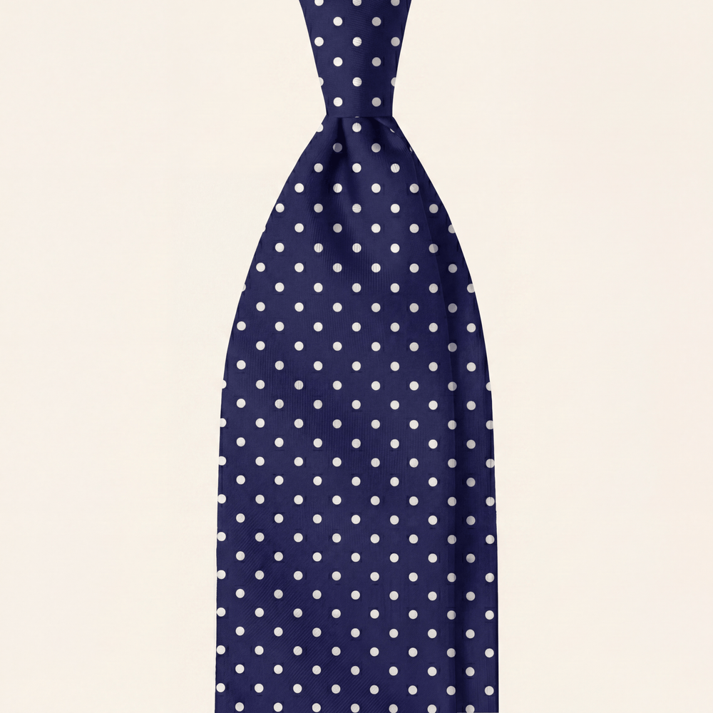DARK BLUE 3 FOLD SARTORIAL CLASSIC SILK TIE - White polka dot
