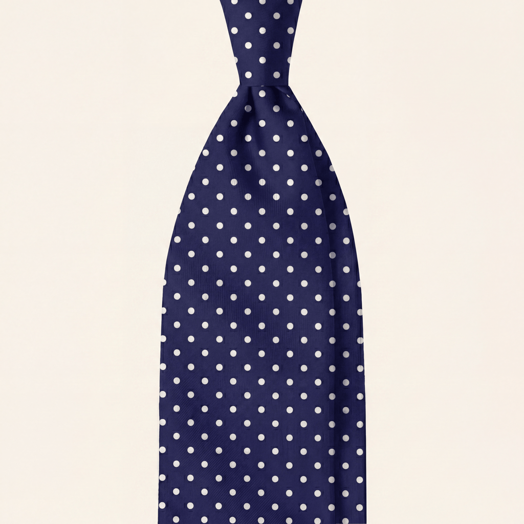 DARK BLUE 3 FOLD SARTORIAL CLASSIC SILK TIE - White polka dot