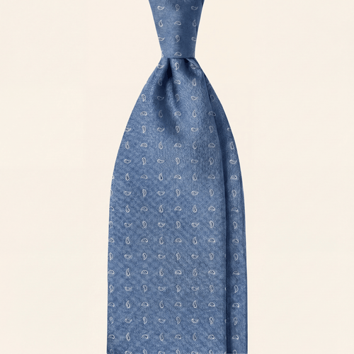 Light blue jacquard silk tie with micro paisley pattern, handmade in Como by Lorenzi Como