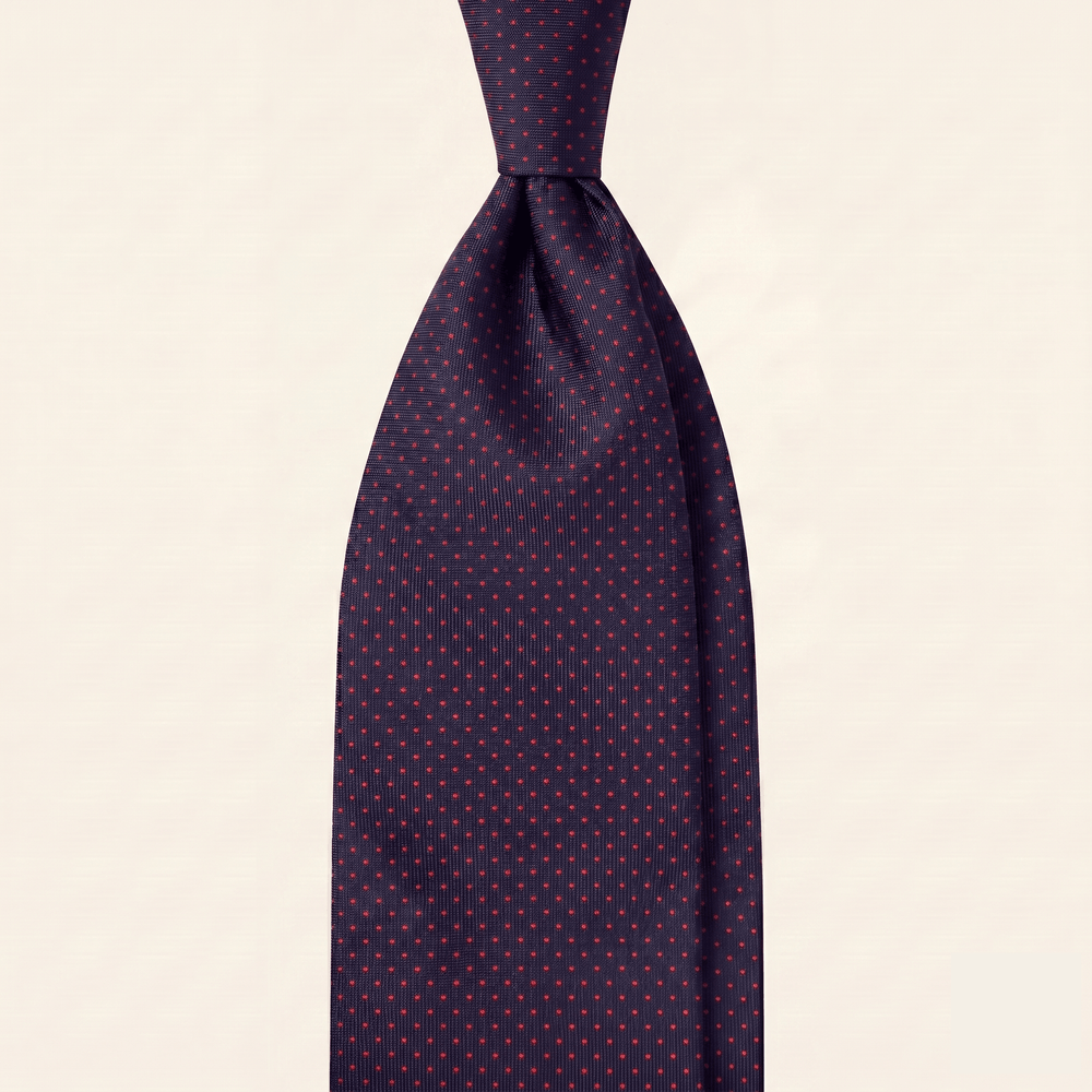 CRAVATTA BLU SCURO 3 PIEGHE SARTORIALE IN SETA - Pois rossi - Lorenzi Como luxury silk tie