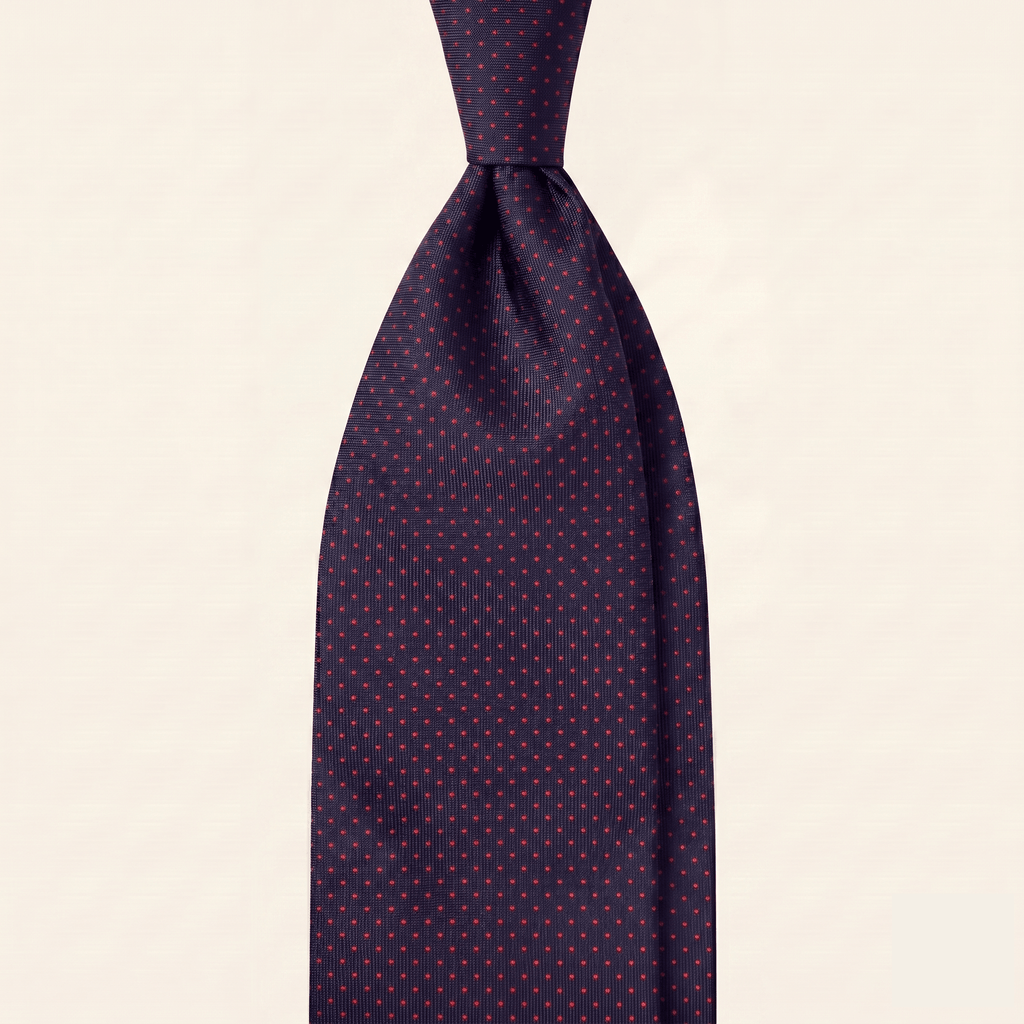 CRAVATTA BLU SCURO 3 PIEGHE SARTORIALE IN SETA - Pois rossi - Lorenzi Como luxury silk tie