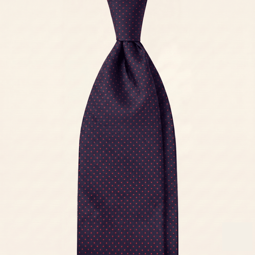 CRAVATTA BLU SCURO 3 PIEGHE SARTORIALE IN SETA - Pois rossi - Lorenzi Como luxury silk tie