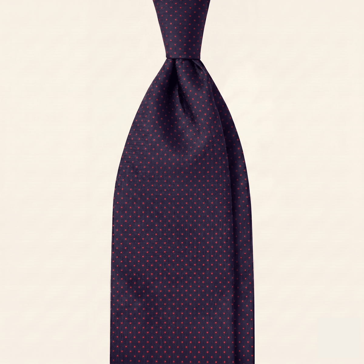 Navy 7-fold sartorial silk tie with red polka dots, handmade in Como by Lorenzi Como