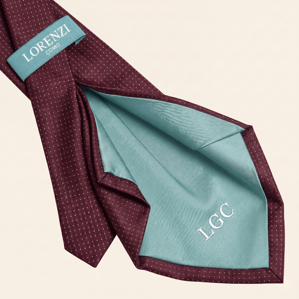 BURGUNDY 5 FOLD JACQUARD SILK TIE - White polka dot