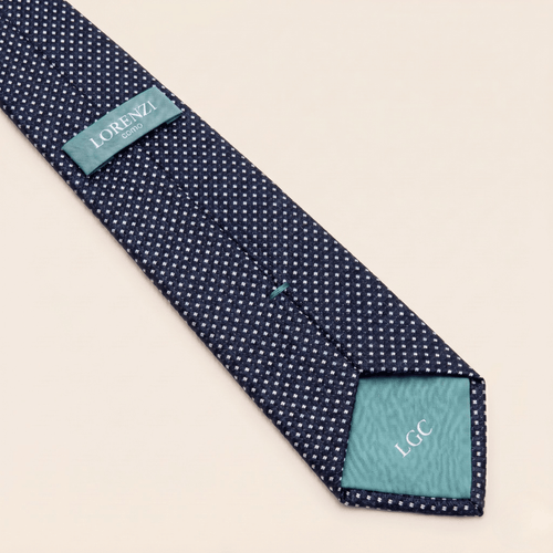 Dark blue jacquard silk tie with white pin dots, 7-fold, handmade in Como by Lorenzi Como